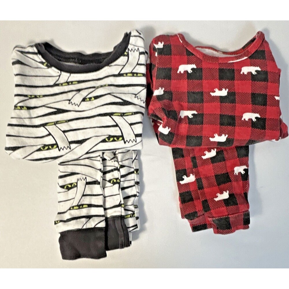 Mixed Brands 2T Cotton 4pc Snug Fit Pajama Set Halloween Mummy Bear Plaid